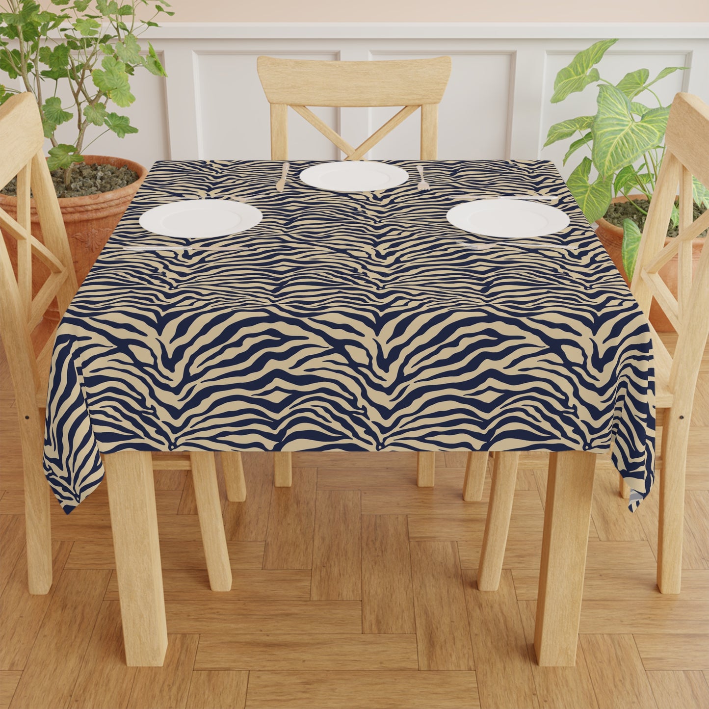 Square Tablecloth - Zebra Tan & Navy Print