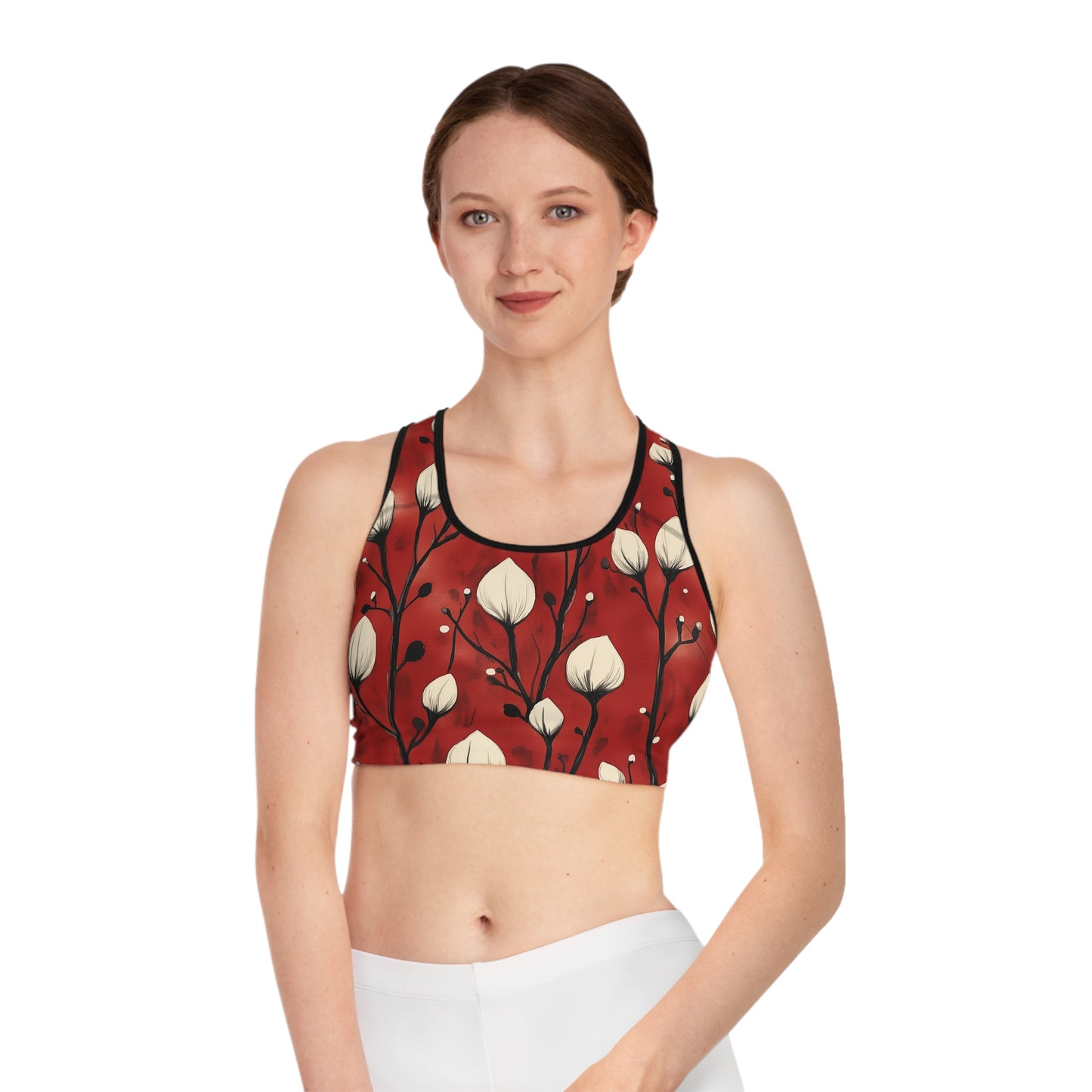 Sports Bra - White Puff Flowers On Red Wine Background