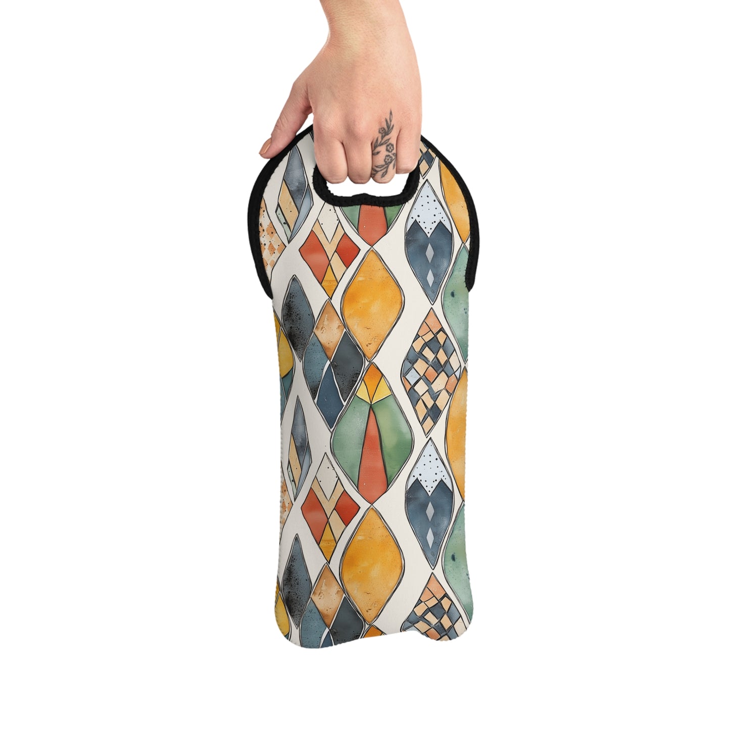 Wine Tote Bag - Hand-Painted Moroccan Diamond Abstract