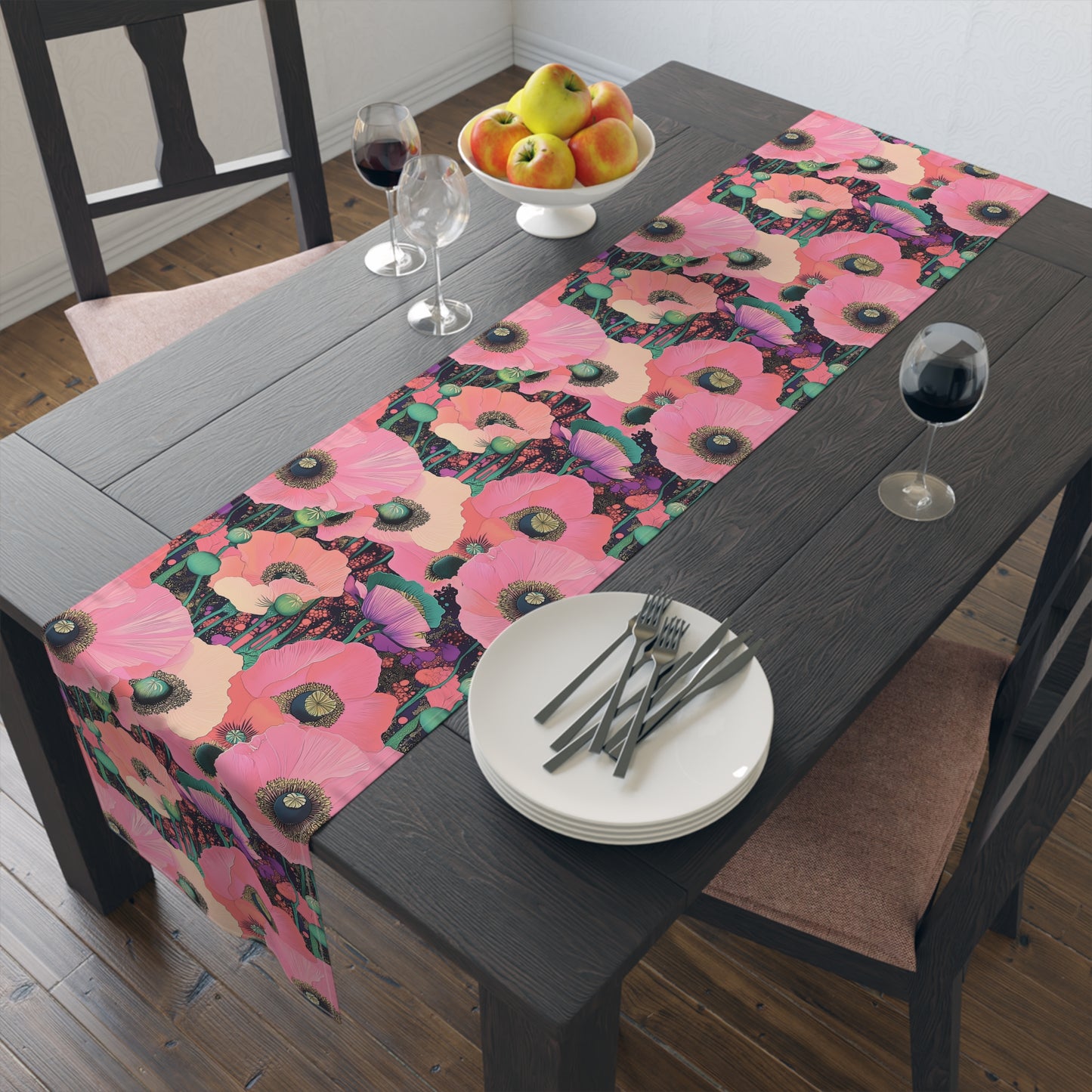 Table Runner - Elegant Pink Poppy Floral On Fresh Cotton