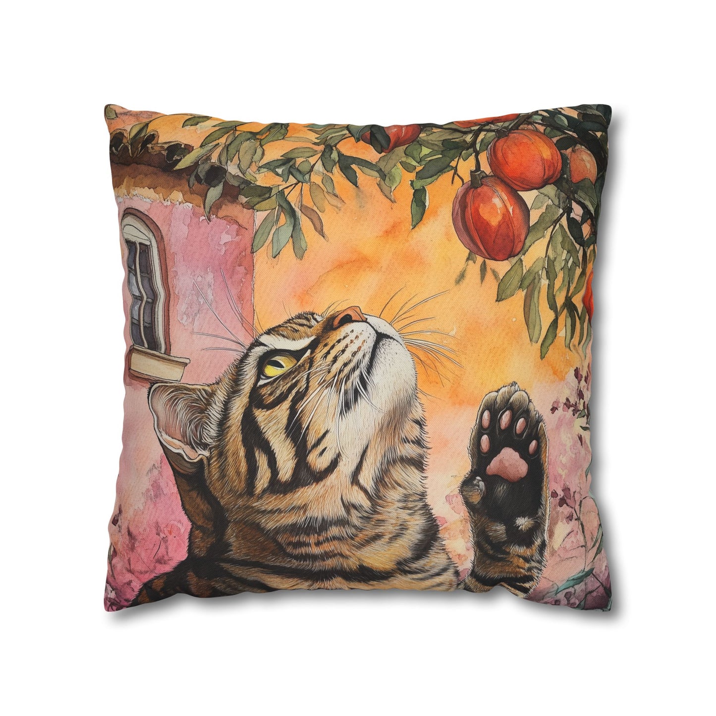 Square Pillow Cover – Pink House Tiger Cat And Persimmon Fruit