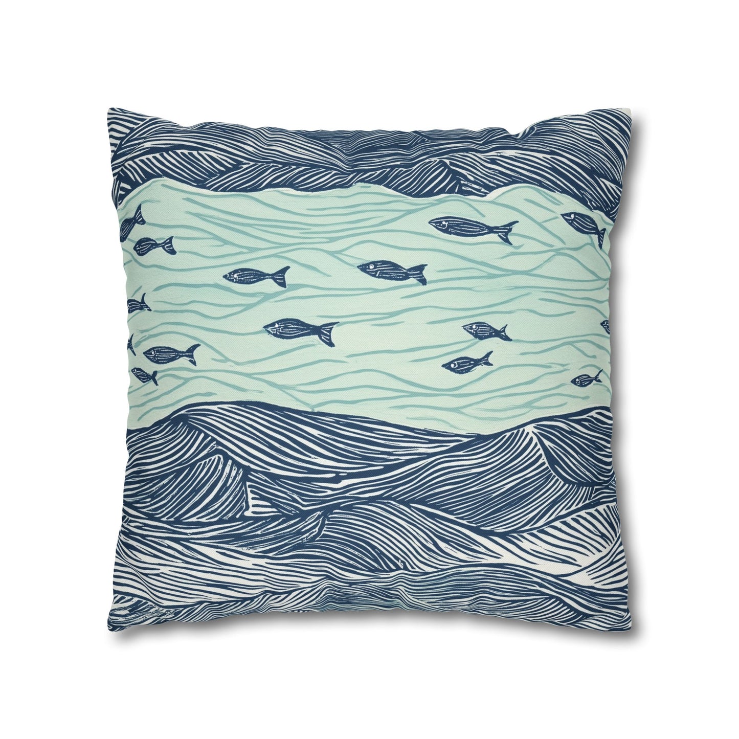 Square Pillow Cover - Coastal Nautical Waves And Fish