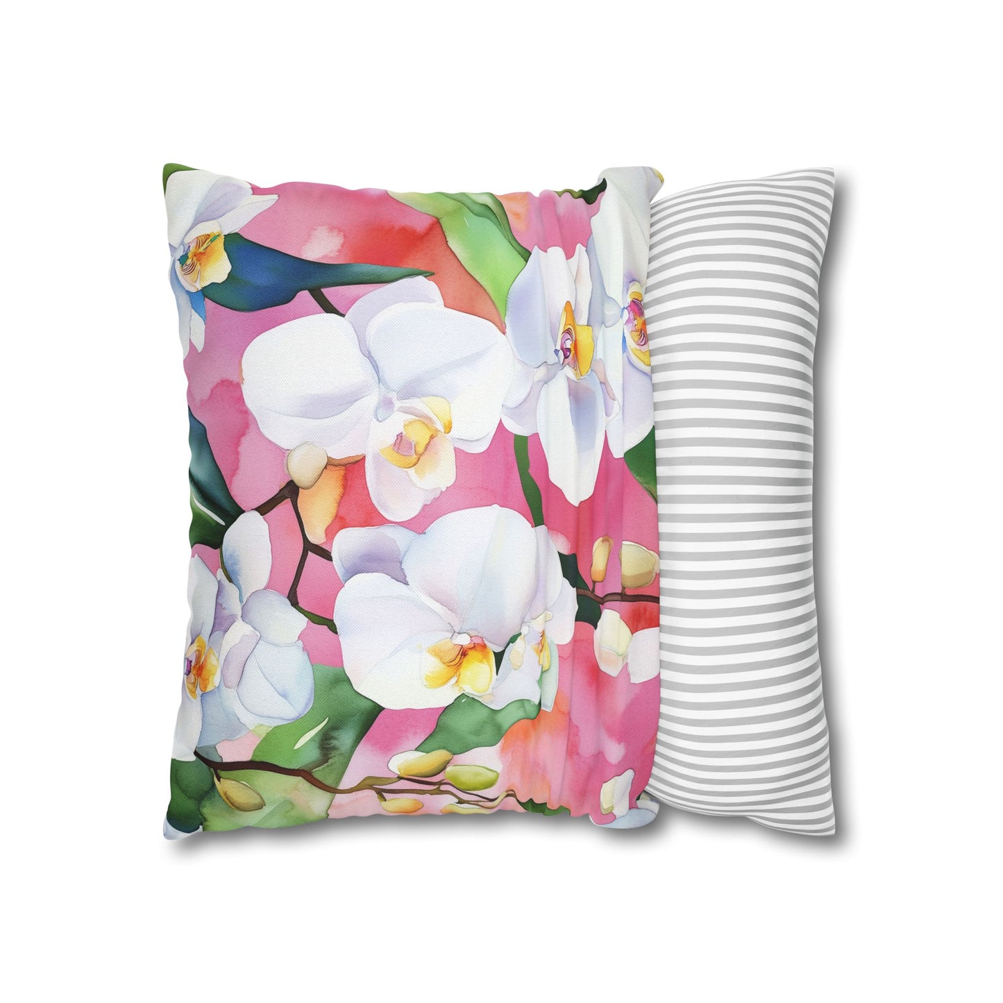 Square Pillow Cover - White Orchids On Pink Background