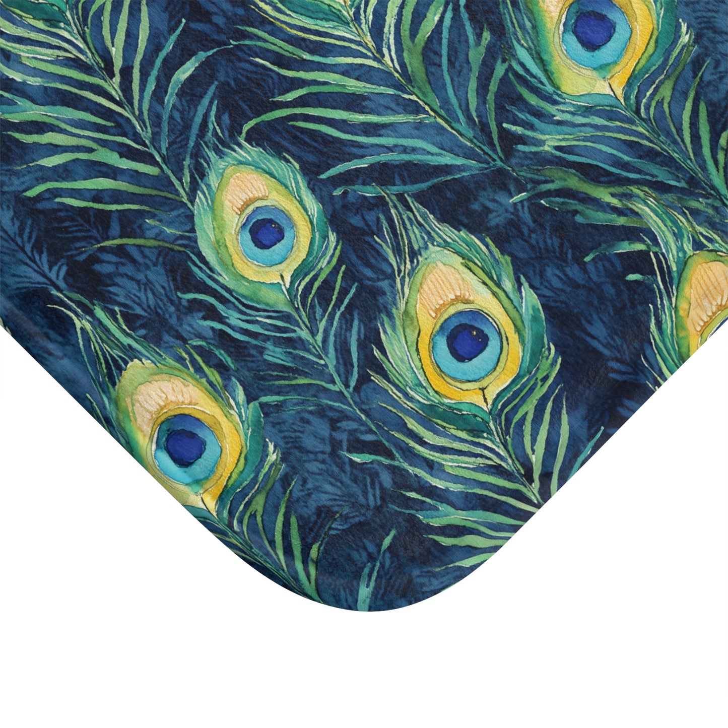 Bath Mat - Elegant Peacock Feathers In Navy, Aqua And Gold