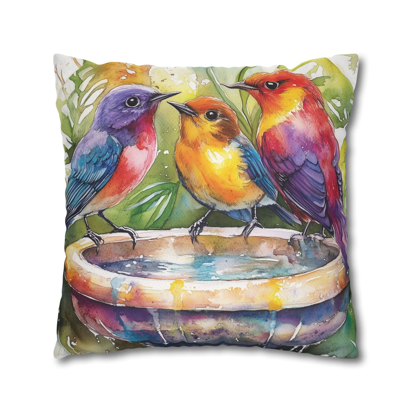 Square Pillow Cover - Colorful Birds In A Birdbath