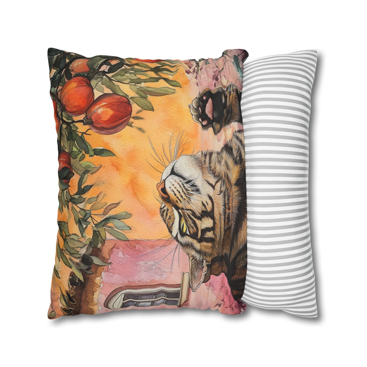 Square Pillow Cover – Pink House Tiger Cat And Persimmon Fruit