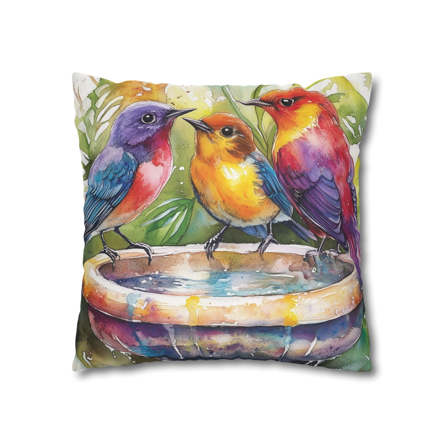 Square Pillow Cover - Colorful Birds In A Birdbath