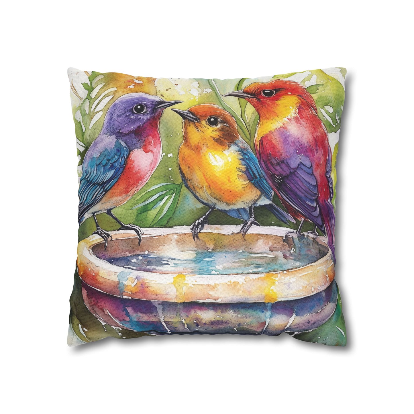 Square Pillow Cover - Colorful Birds In A Birdbath
