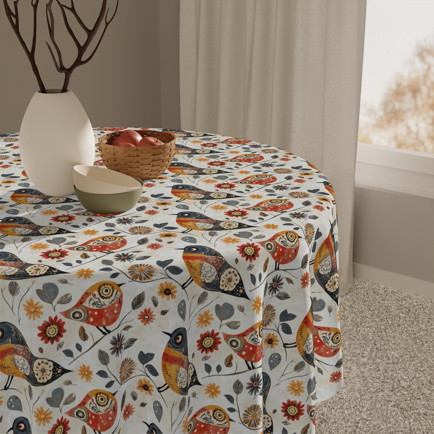 Square Tablecloth - Whimsical Colorful Bird Folk Art Pattern