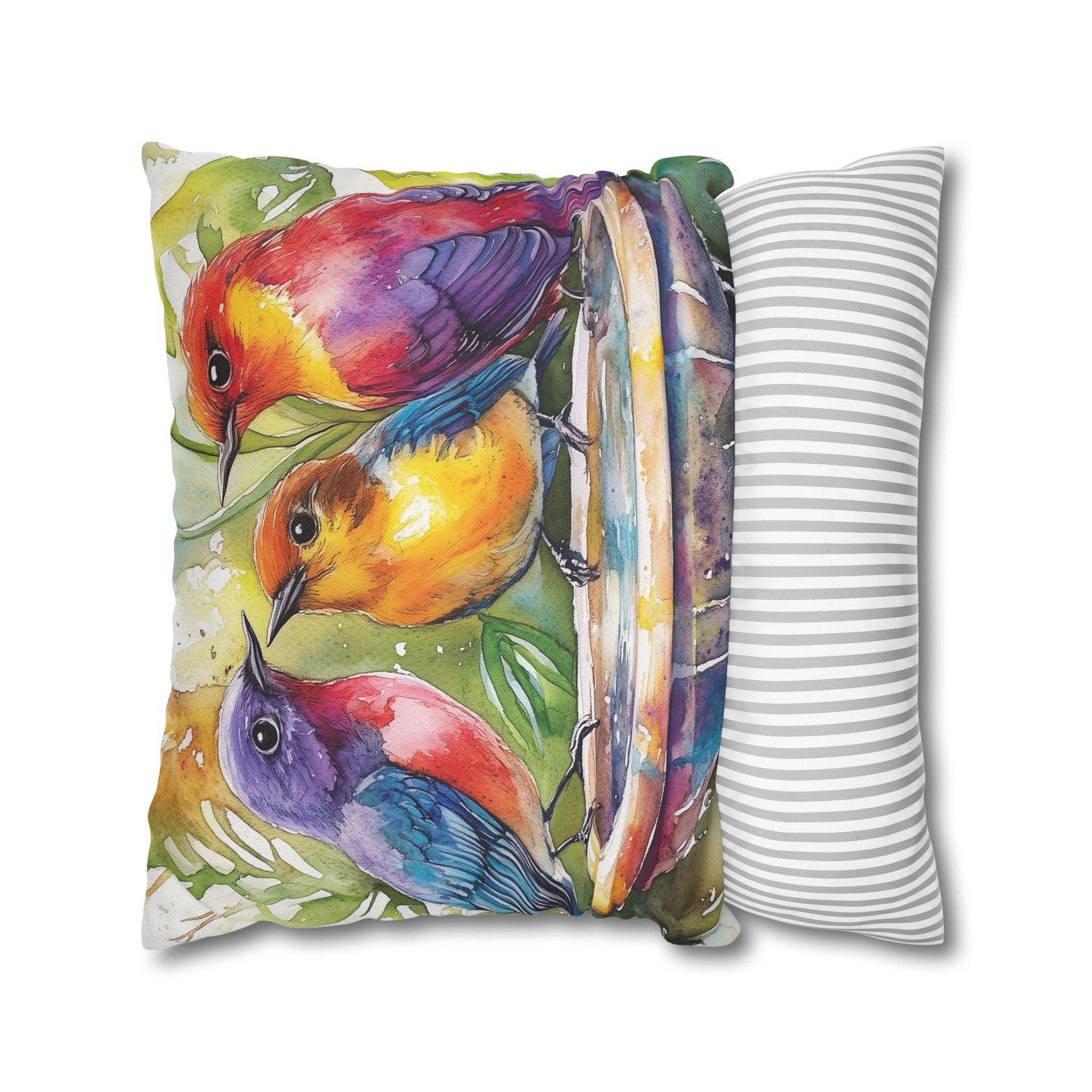Square Pillow Cover - Colorful Birds In A Birdbath