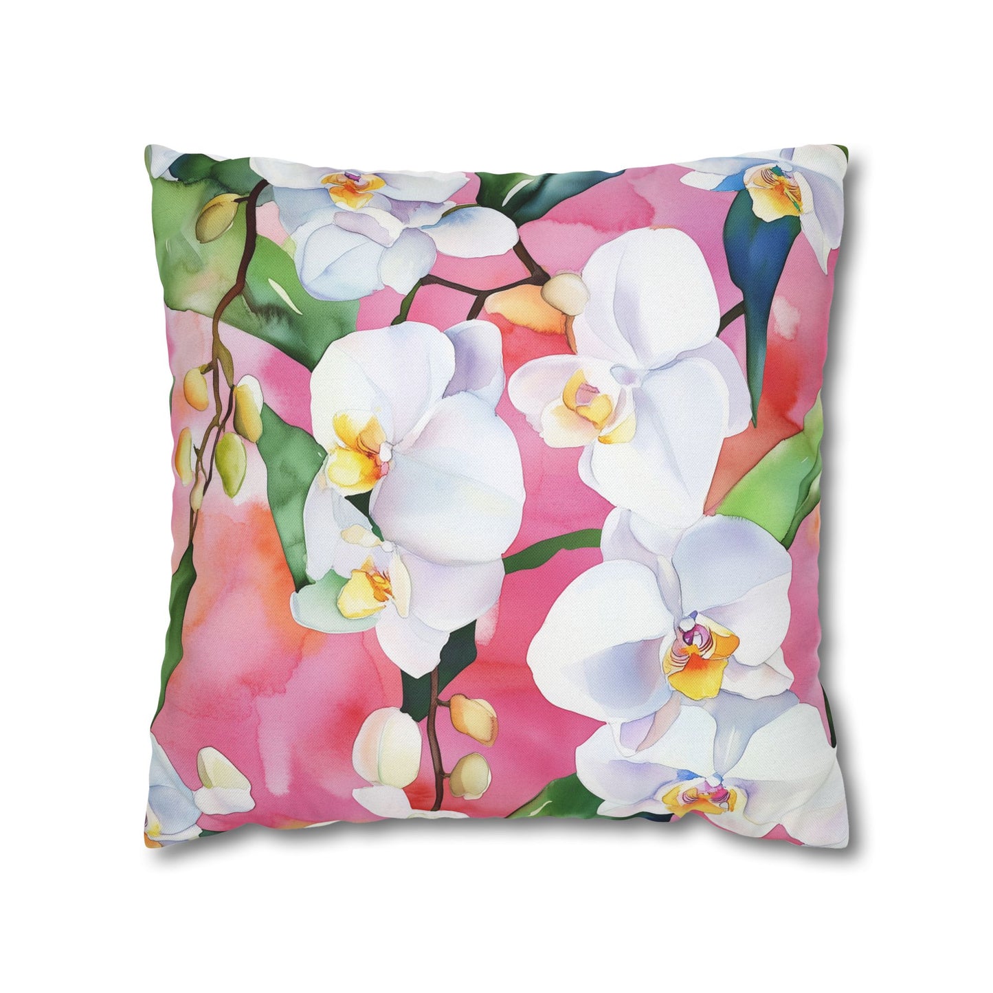 Square Pillow Cover - White Orchids On Pink Background