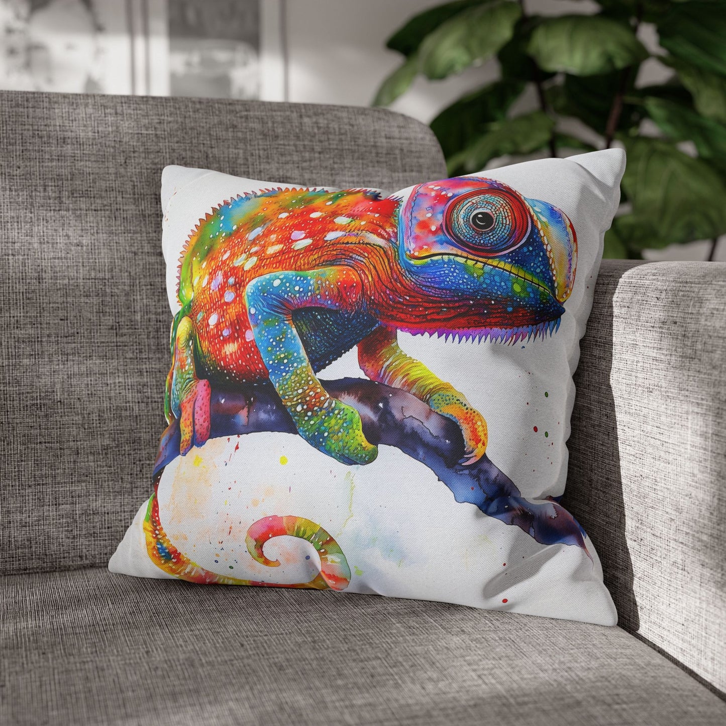 Square Pillow Cover – Colorful Chameleon Watercolor