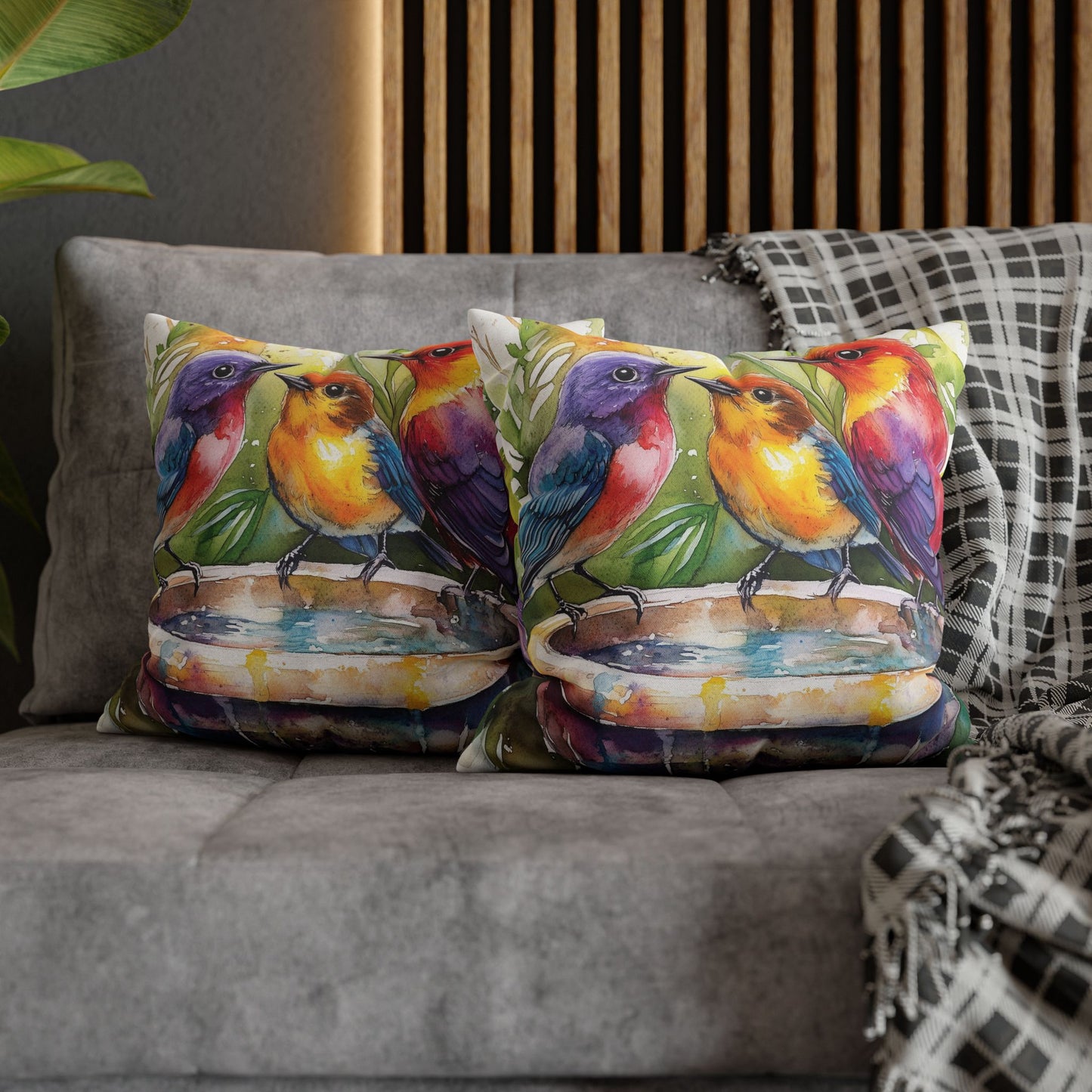 Square Pillow Cover - Colorful Birds In A Birdbath