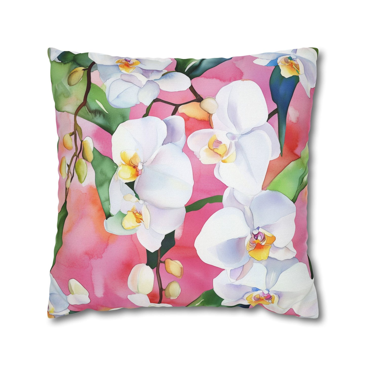 Square Pillow Cover - White Orchids On Pink Background