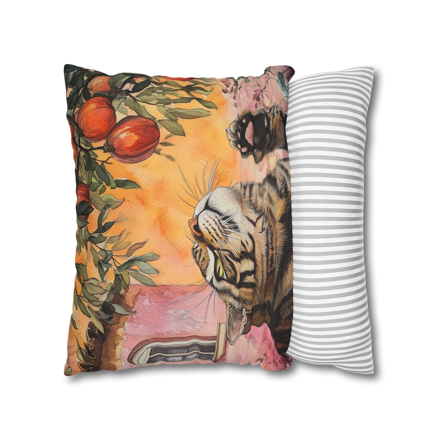 Square Pillow Cover – Pink House Tiger Cat And Persimmon Fruit