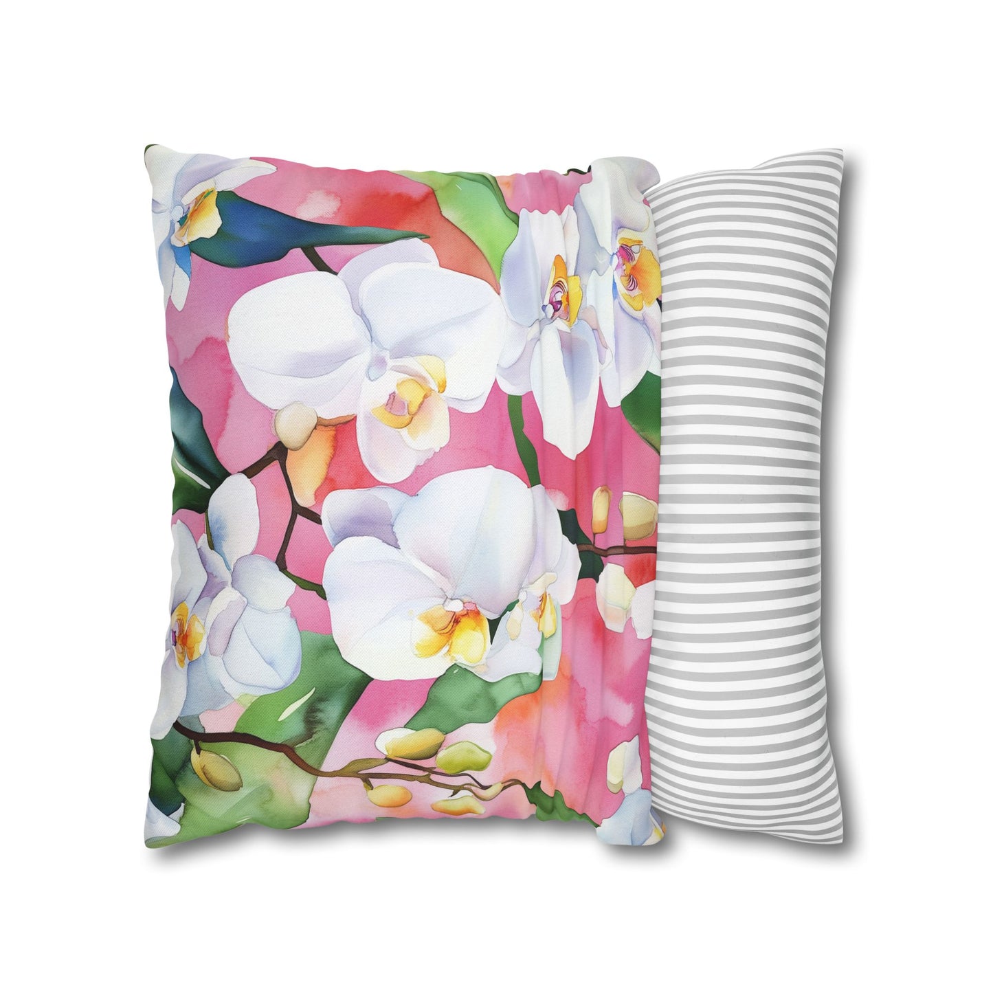 Square Pillow Cover - White Orchids On Pink Background