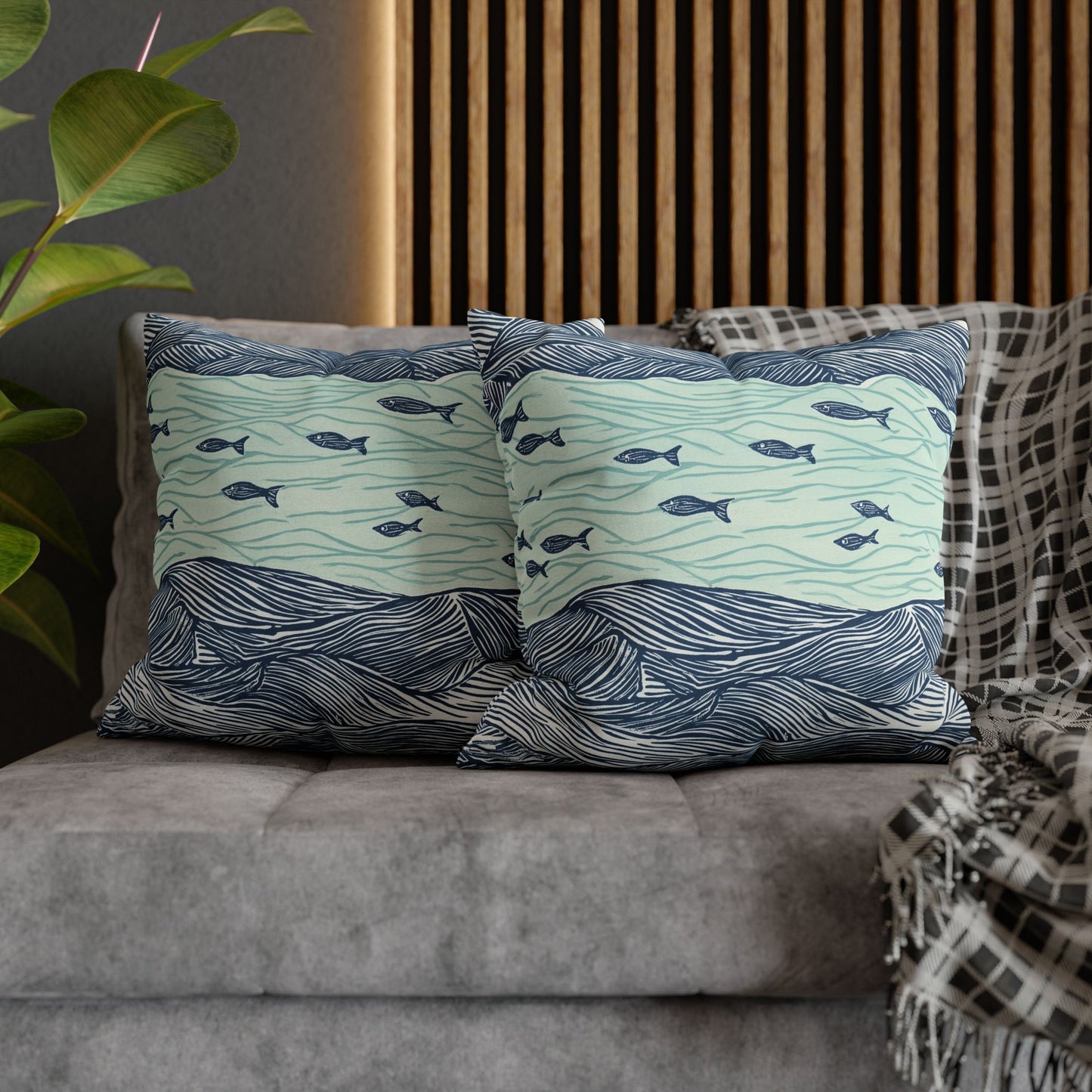 Square Pillow Cover - Coastal Nautical Waves And Fish