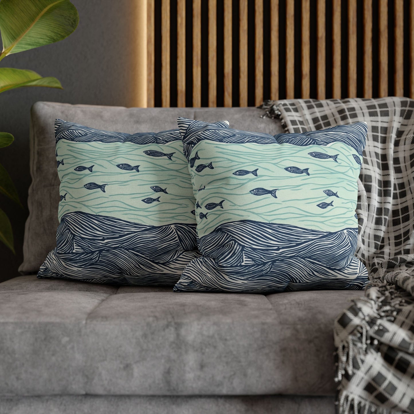 Square Pillow Cover - Coastal Nautical Waves And Fish