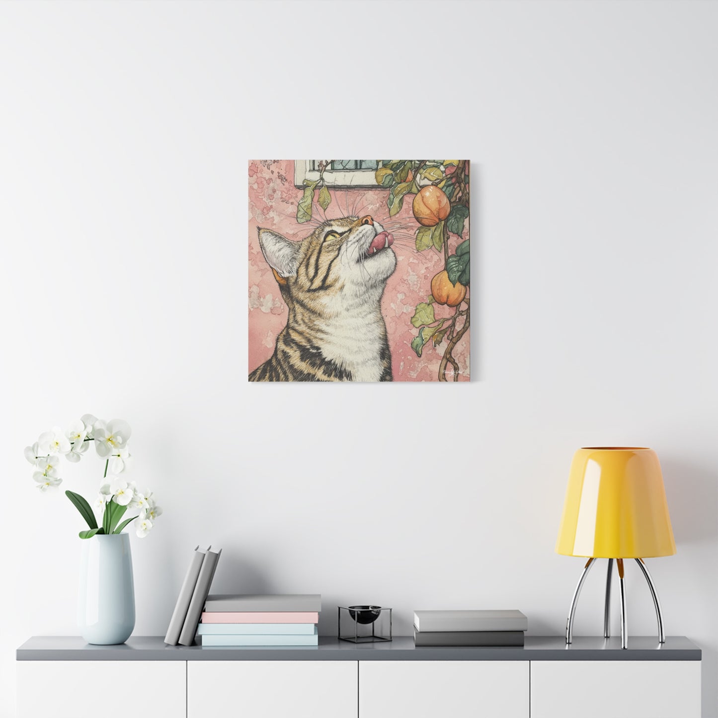 Canvas Art - Pink House Tiger Cat And Persimmons Matte Canvas