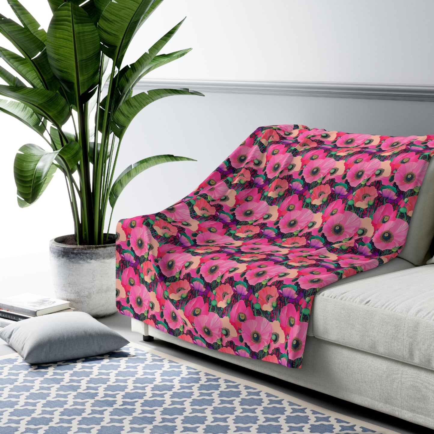 Sherpa Fleece Blanket - Fuchsia Pink Poppies