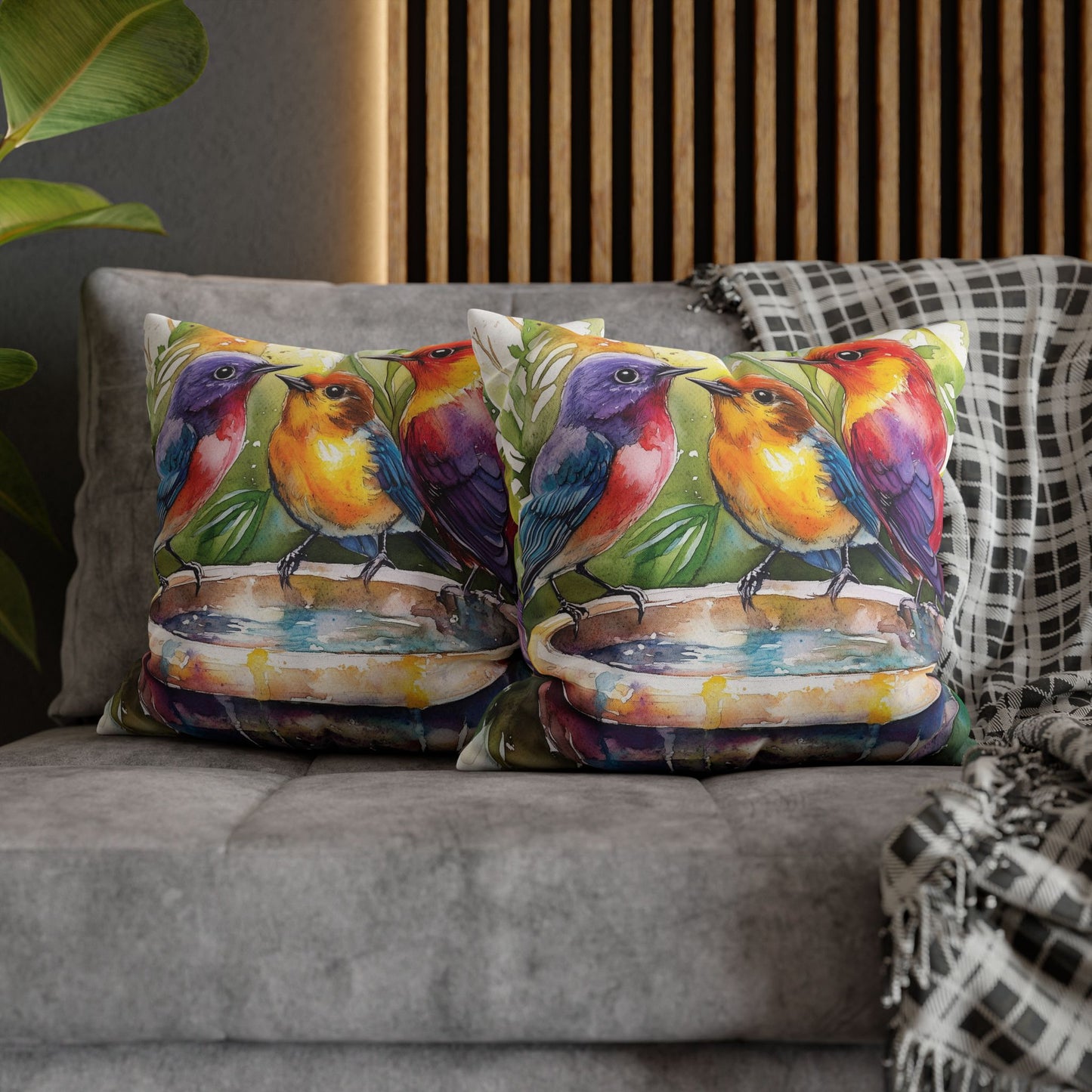 Square Pillow Cover - Colorful Birds In A Birdbath