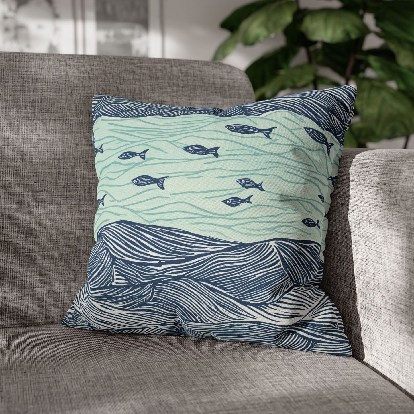 Square Pillow Cover - Coastal Nautical Waves And Fish