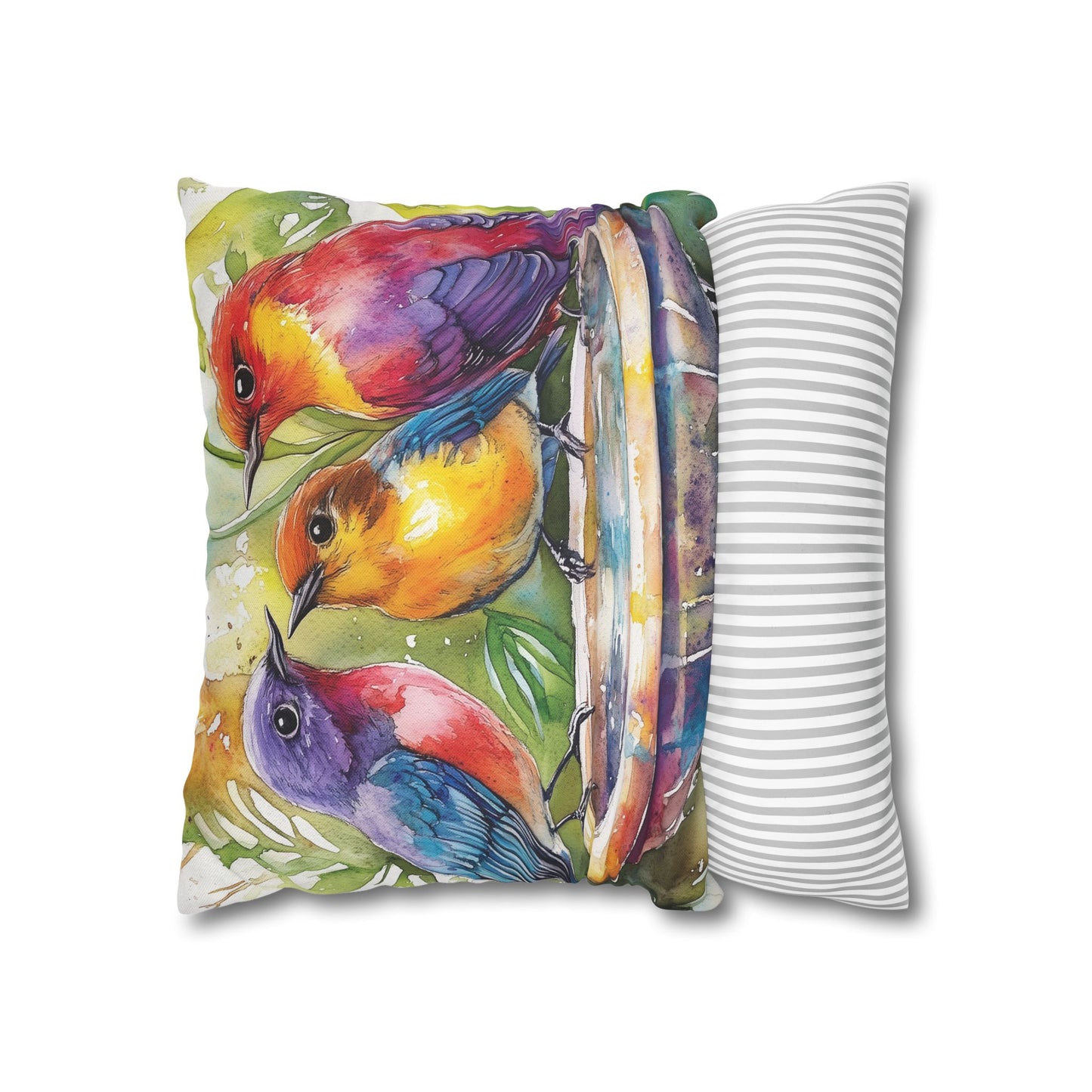Square Pillow Cover - Colorful Birds In A Birdbath