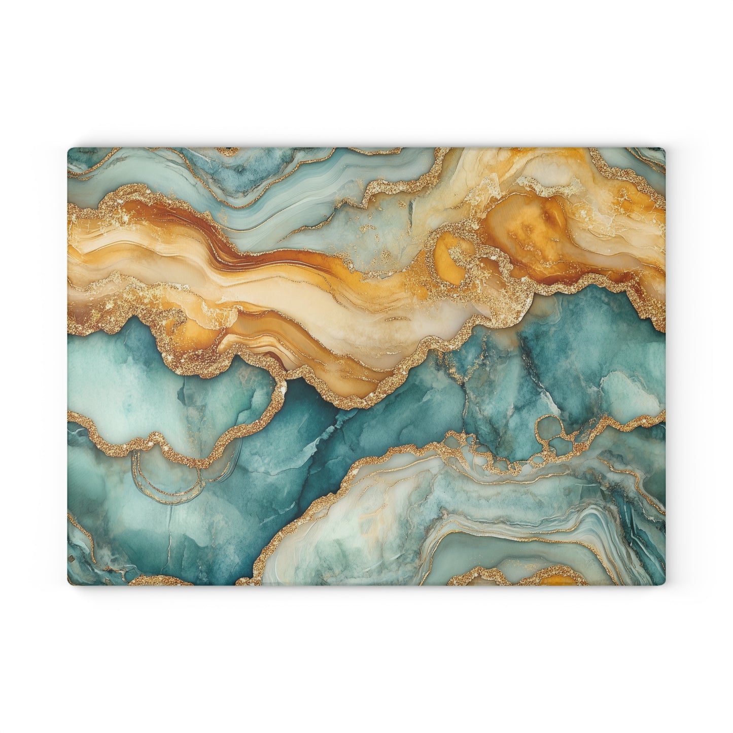 Glass Cutting Board - Geode Design, Marbled Gold and Aqua, Kitchen Decor