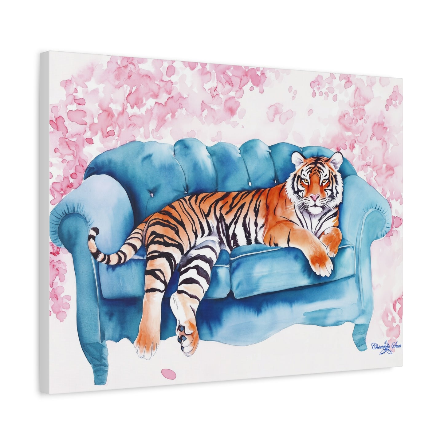 Canvas Art – Tiger Lounging On Blue Couch Wall Decor