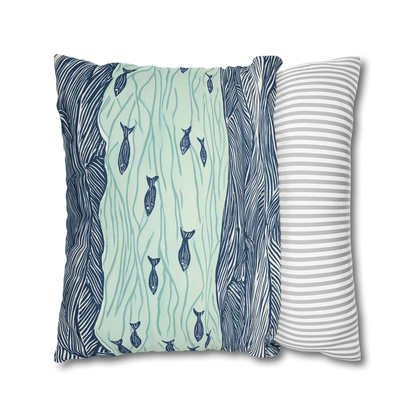 Square Pillow Cover - Coastal Nautical Waves And Fish