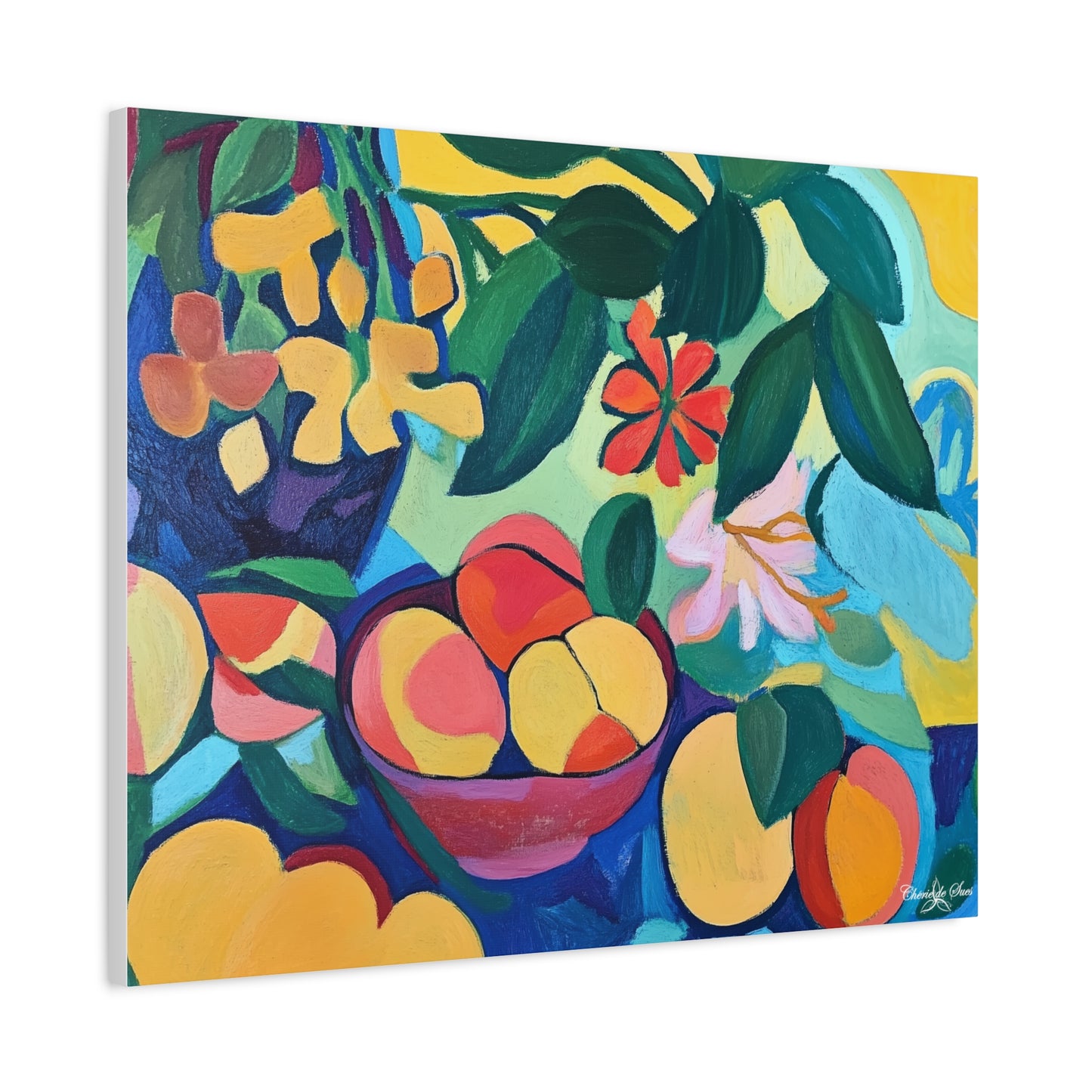 Canvas Art - Colorful Flowers And Peaches In Bowl Still Life Wall Decor
