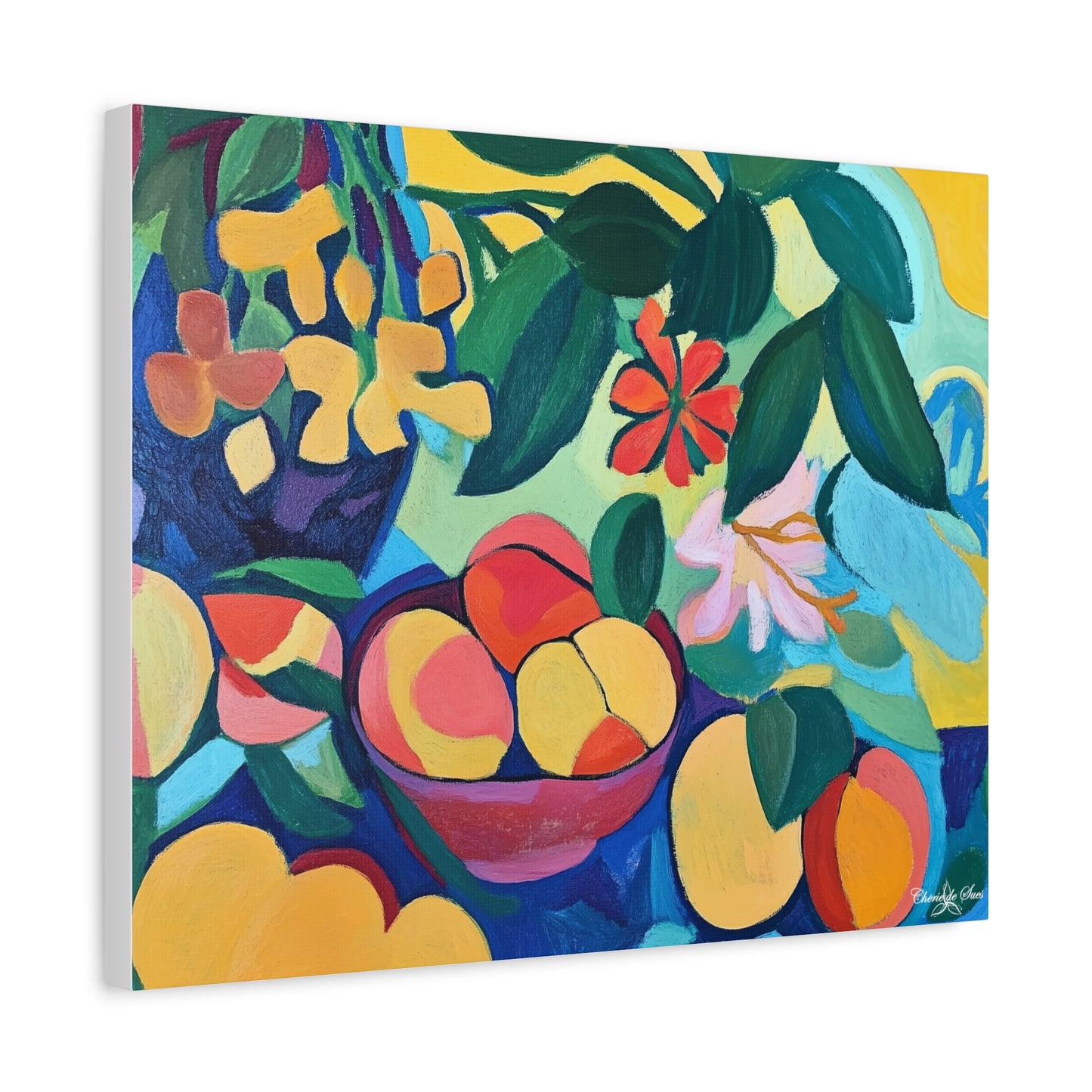 Canvas Art - Colorful Flowers And Peaches In Bowl Still Life Wall Decor
