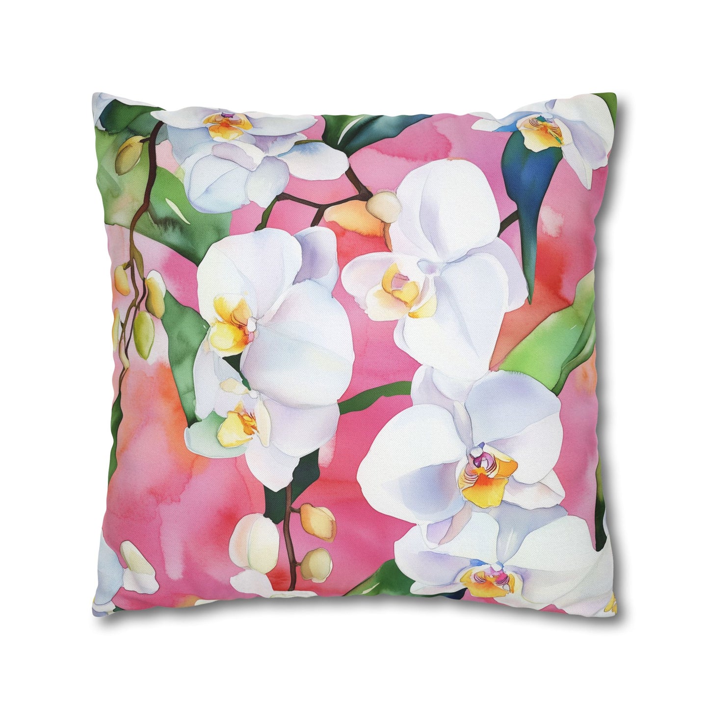 Square Pillow Cover - White Orchids On Pink Background