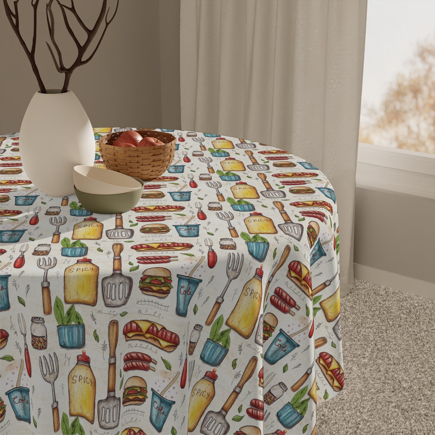 Square Tablecloth - Hotdog Hamburger BBQ Tools And Condiments For Summer BBQ's and Picnics