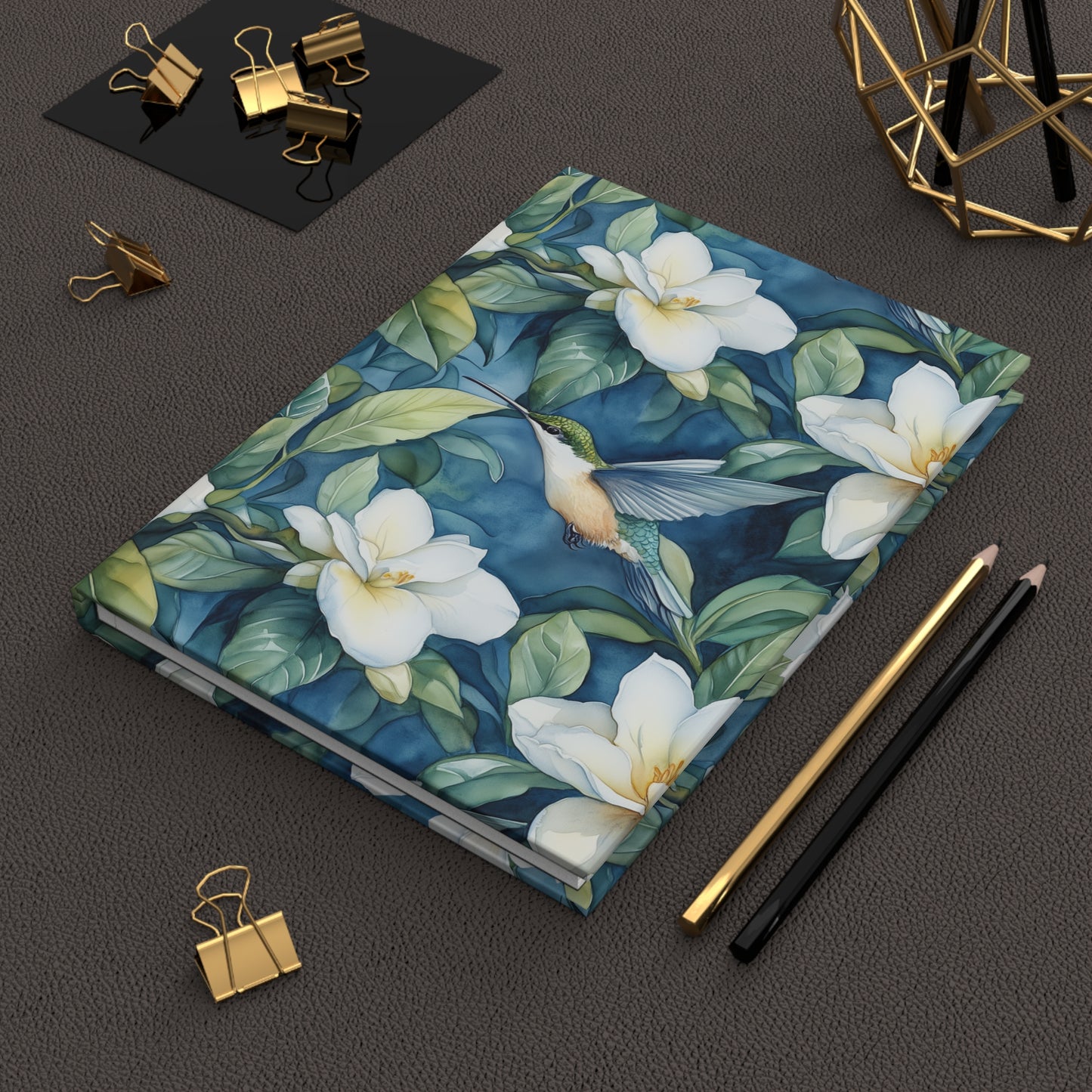 Hardcover Journal - White Gardenias Garden With Hummingbird