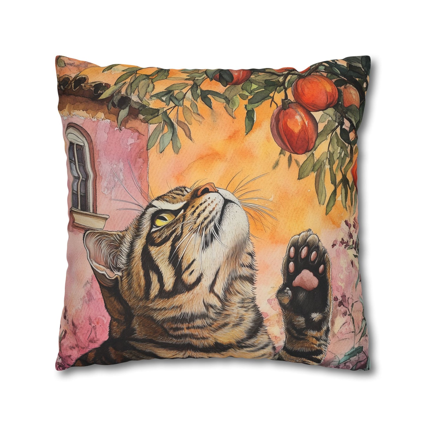 Square Pillow Cover – Pink House Tiger Cat And Persimmon Fruit