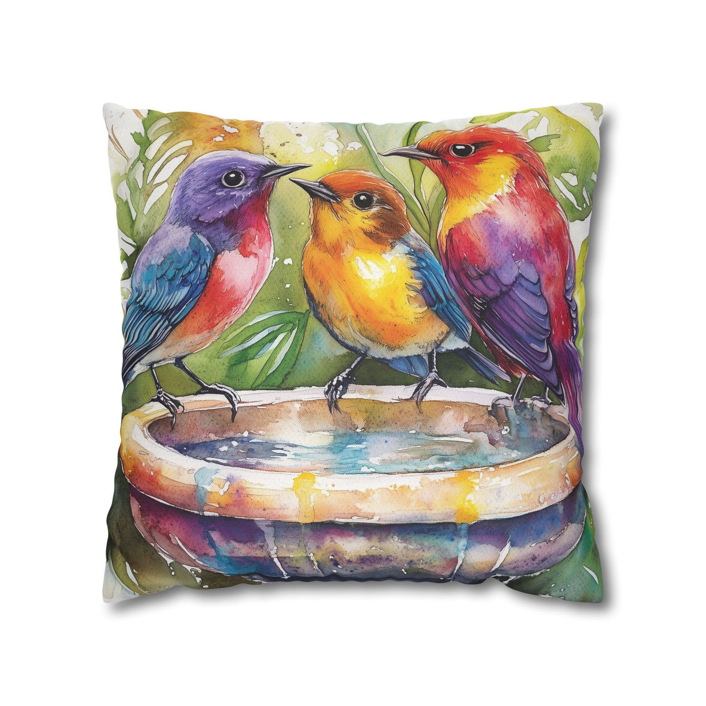 Square Pillow Cover - Colorful Birds In A Birdbath