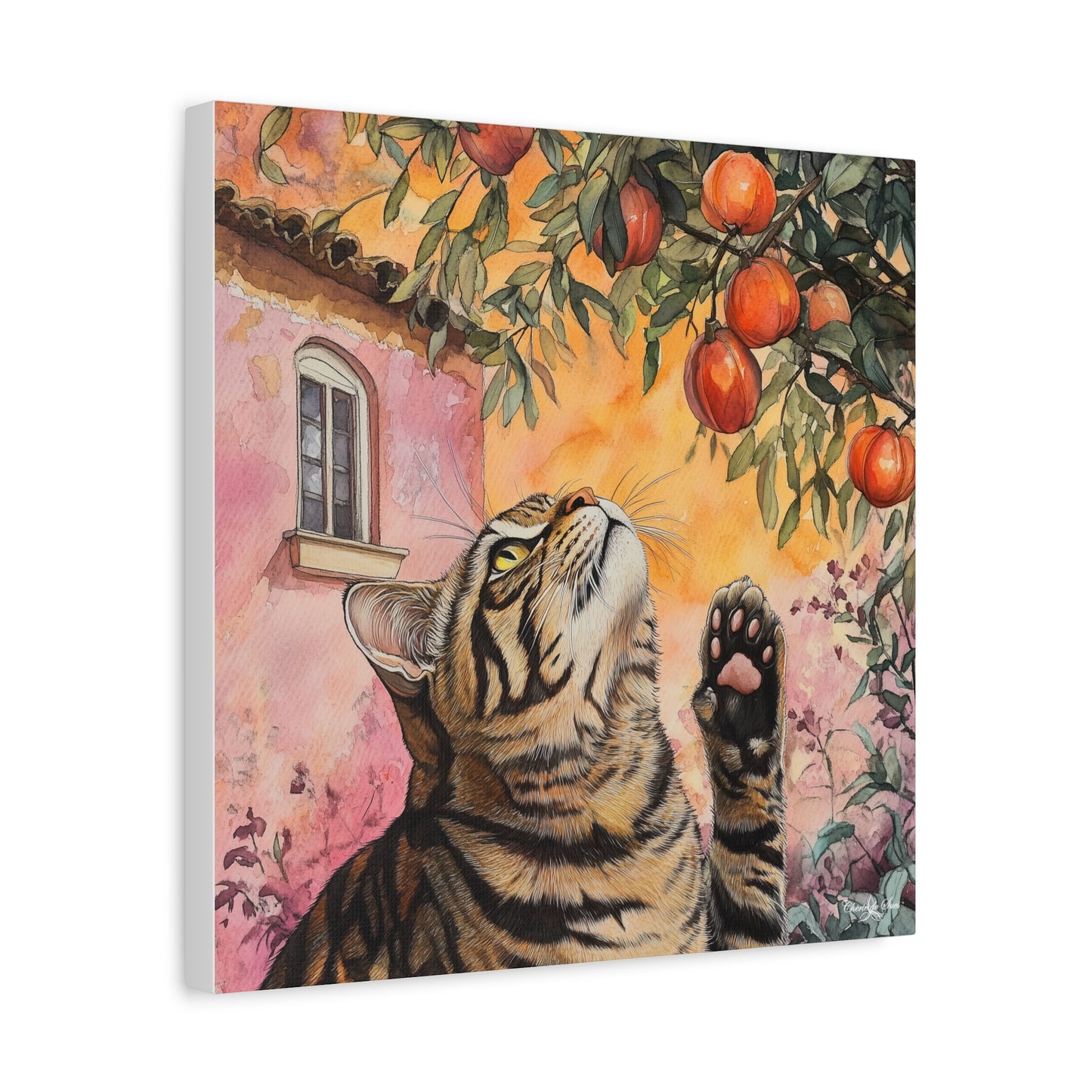 Canvas Art - Pink House Tiger Cat And Persimmons