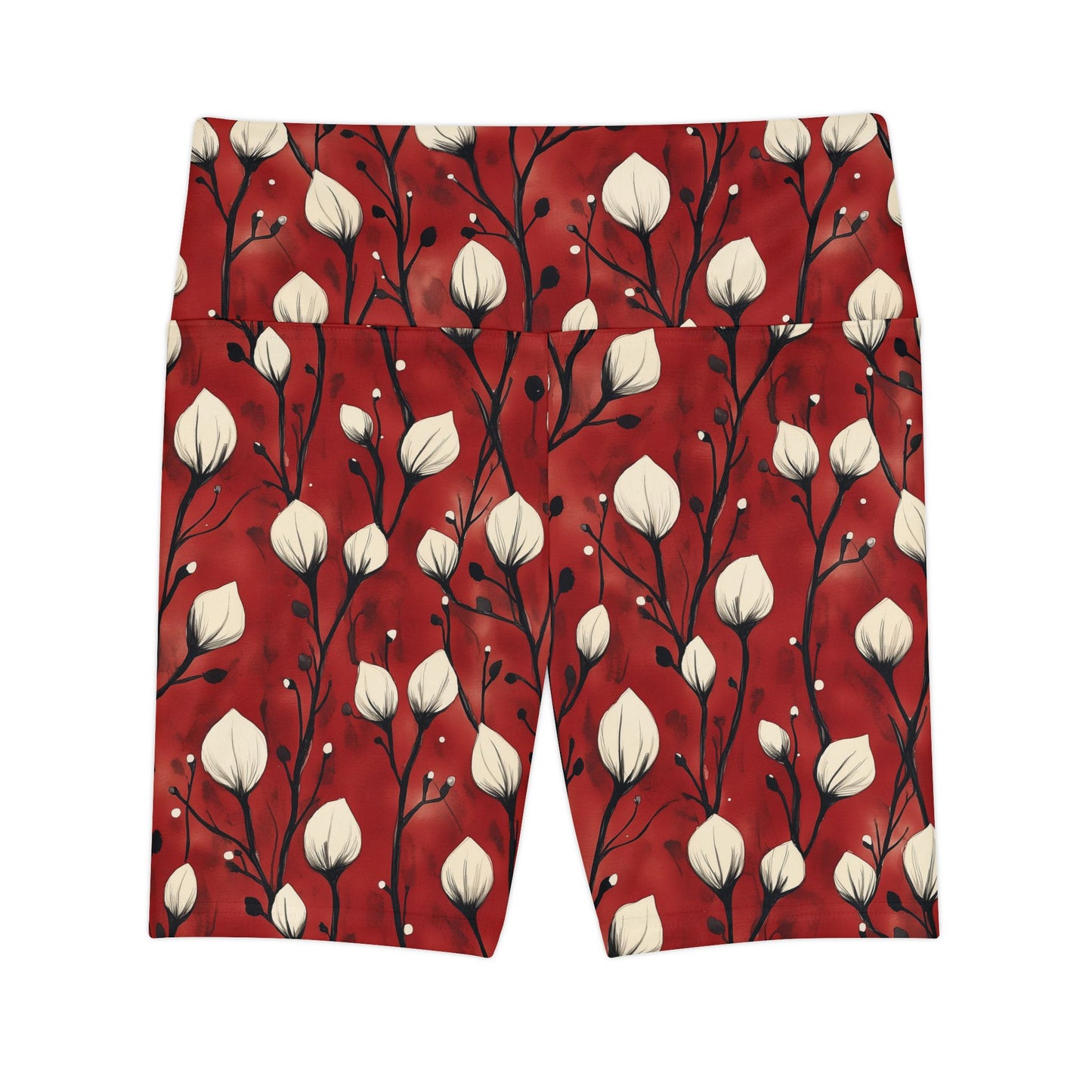 Athletic Shorts - White Puff Flowers On Red Wine Background