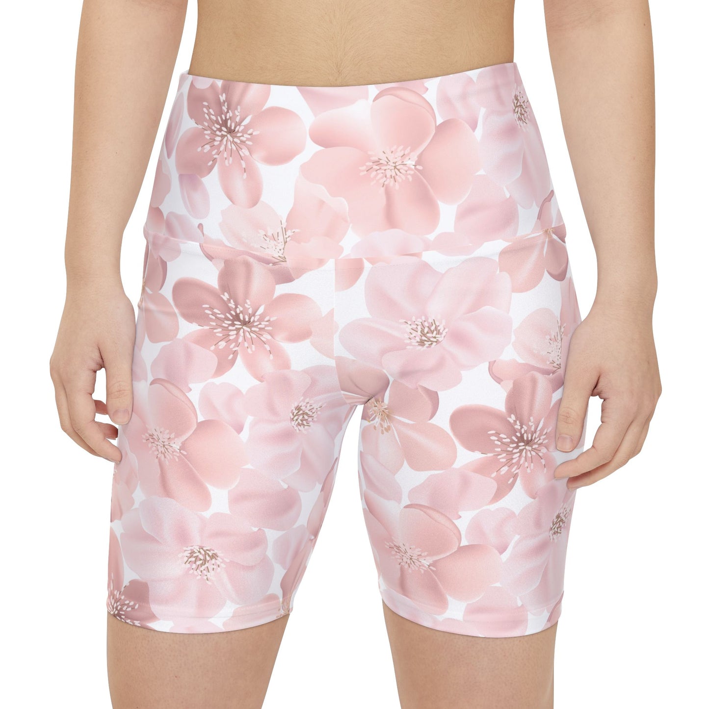 Athletic Shorts - Pink Sakura Floral On White Women's Workout Shorts
