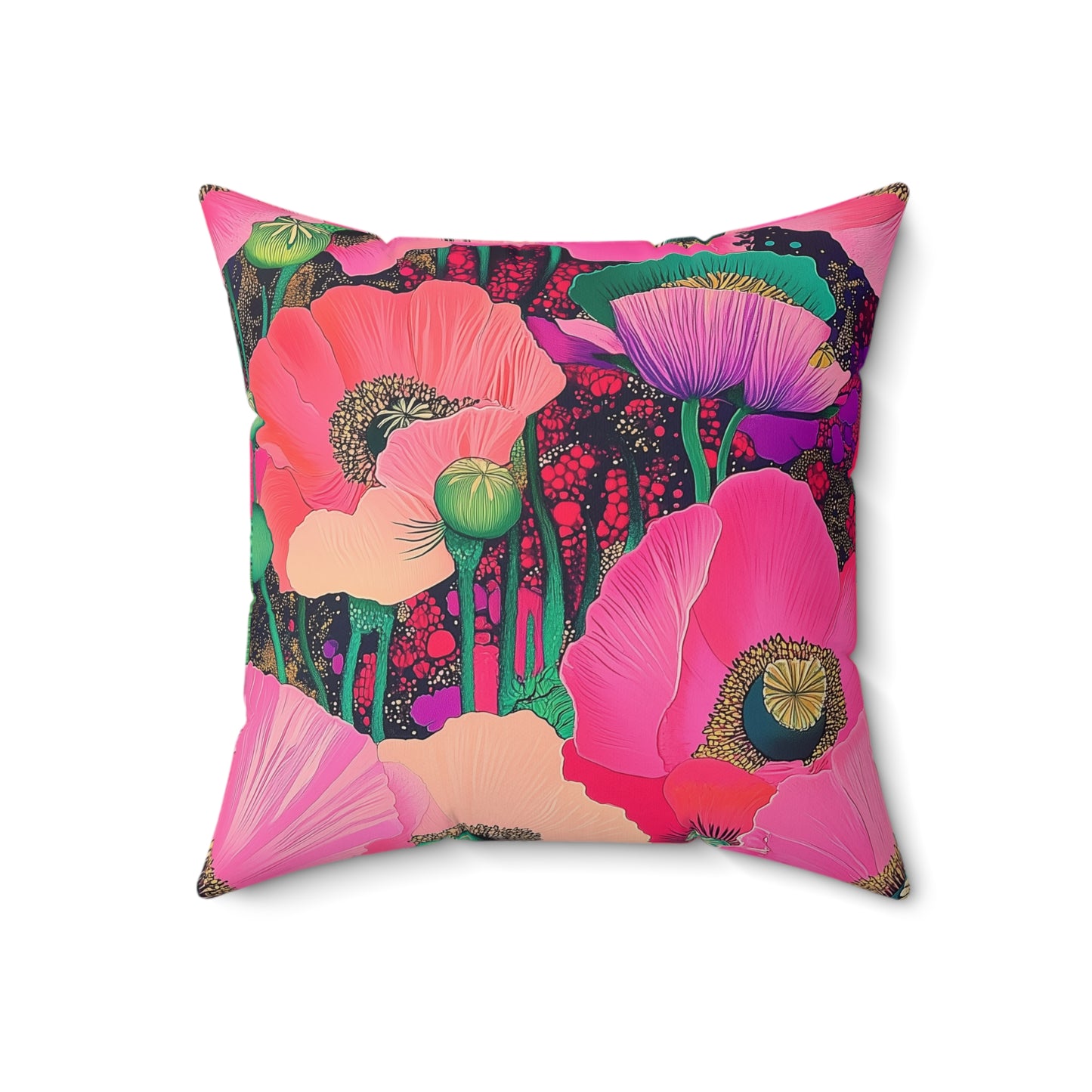 Square Pillow - Fuchsia Pink Poppies Floral Faux Suede