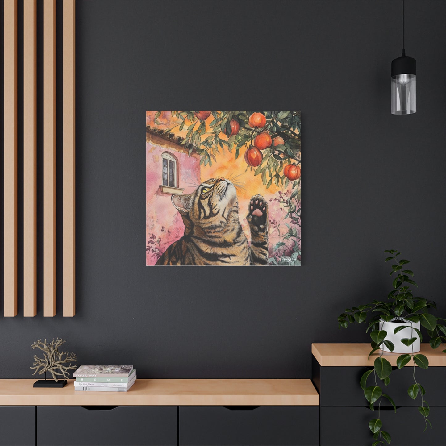 Canvas Art - Pink House Tiger Cat And Persimmons