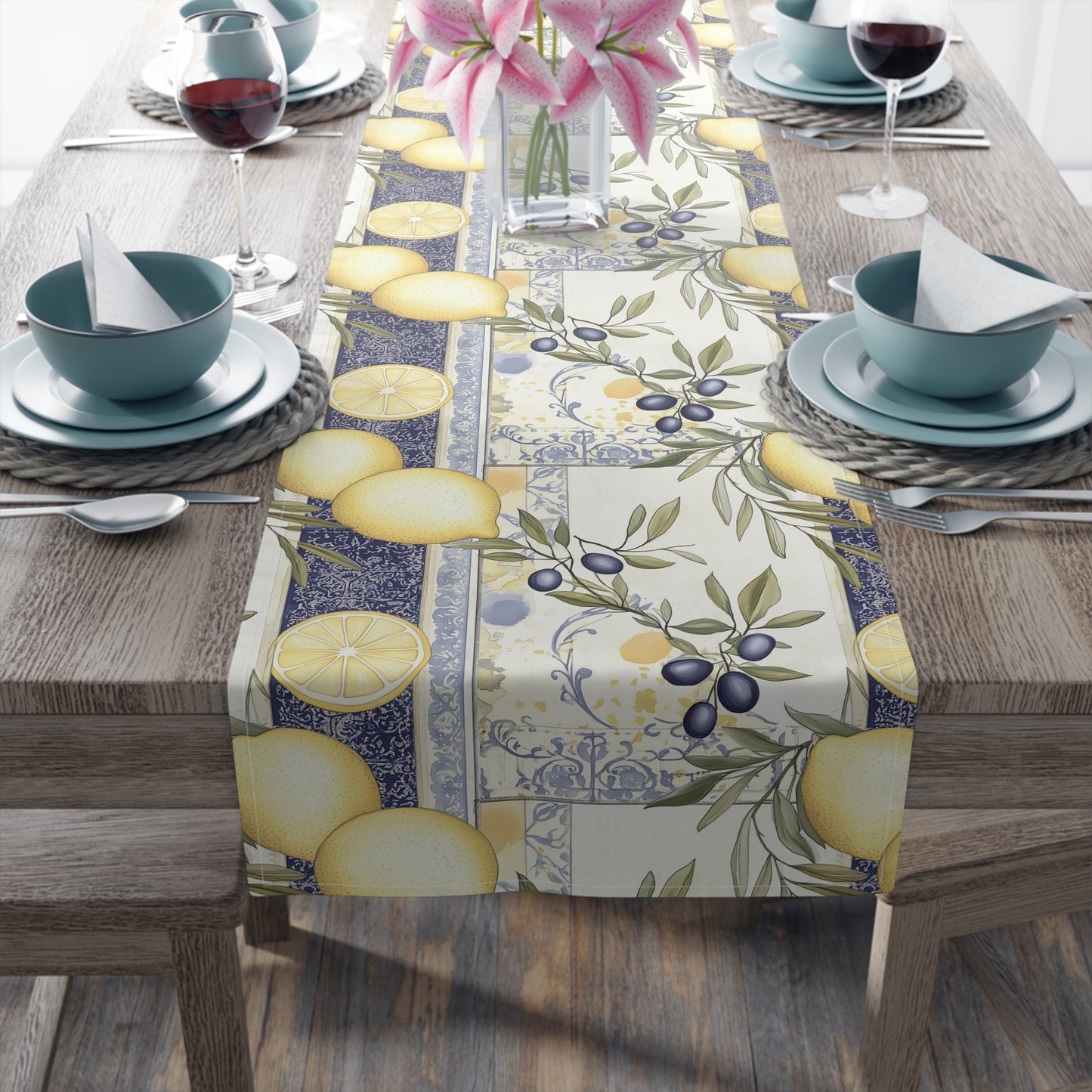 Table Runner - Cotton Mediterranean Tuscun Lemon & Olive Design