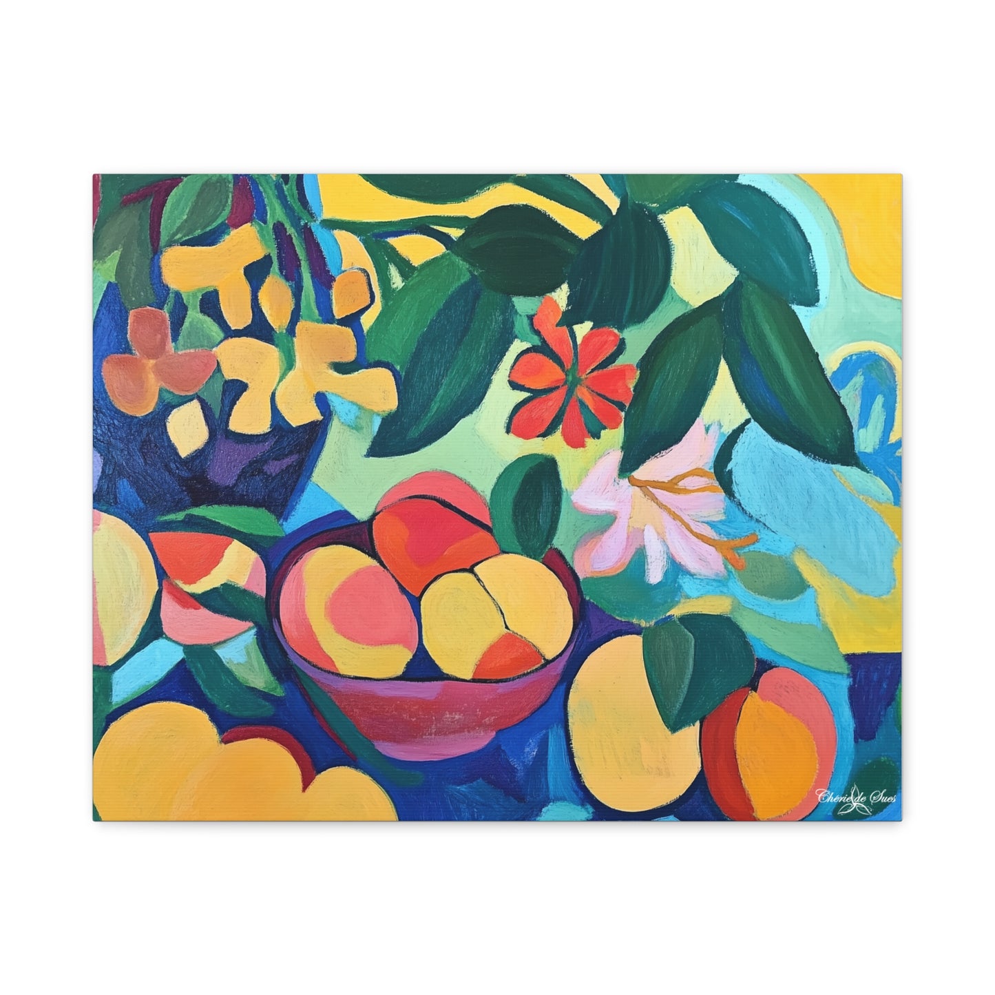 Canvas Art - Colorful Flowers And Peaches In Bowl Still Life Wall Decor