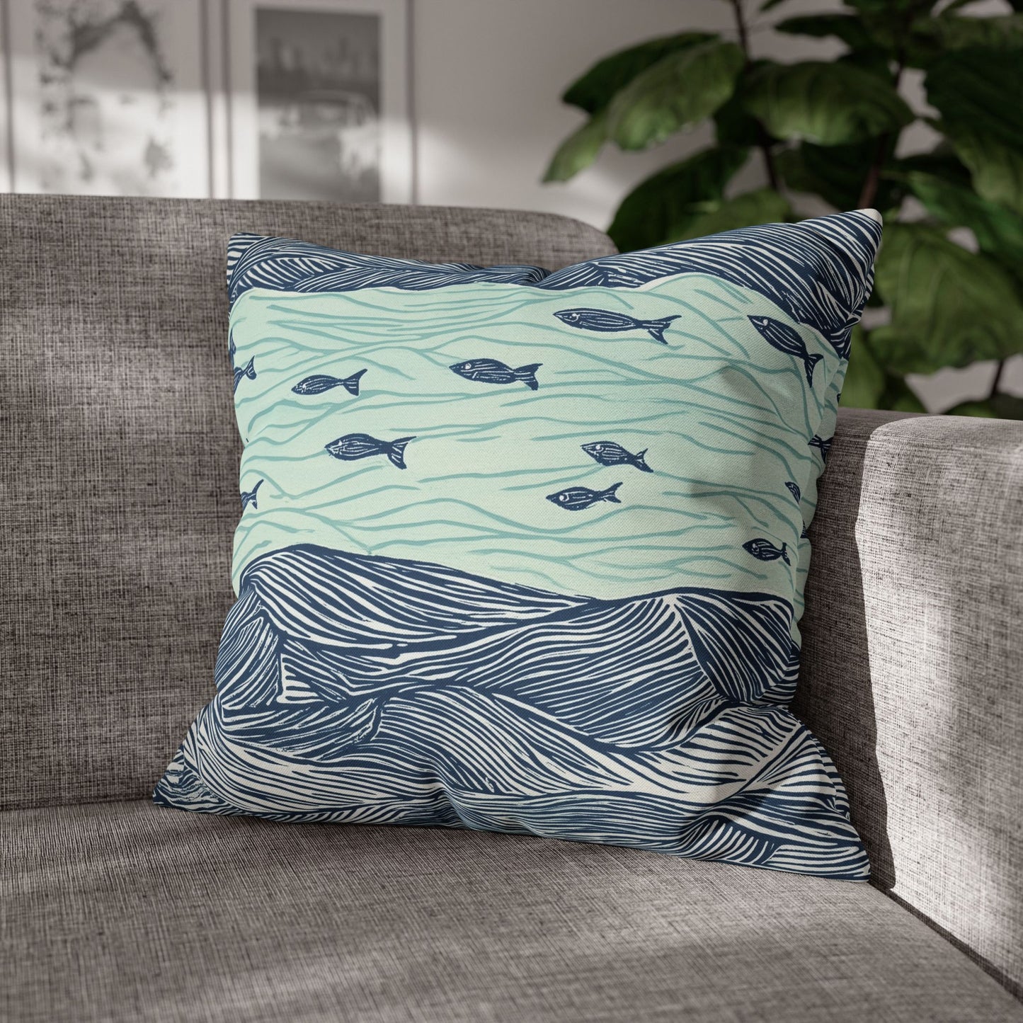 Square Pillow Cover - Coastal Nautical Waves And Fish