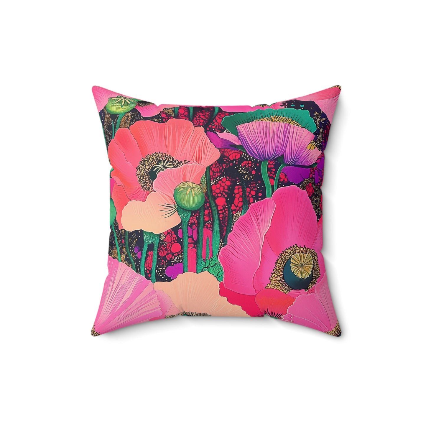 Square Pillow - Fuchsia Pink Poppies Floral Faux Suede