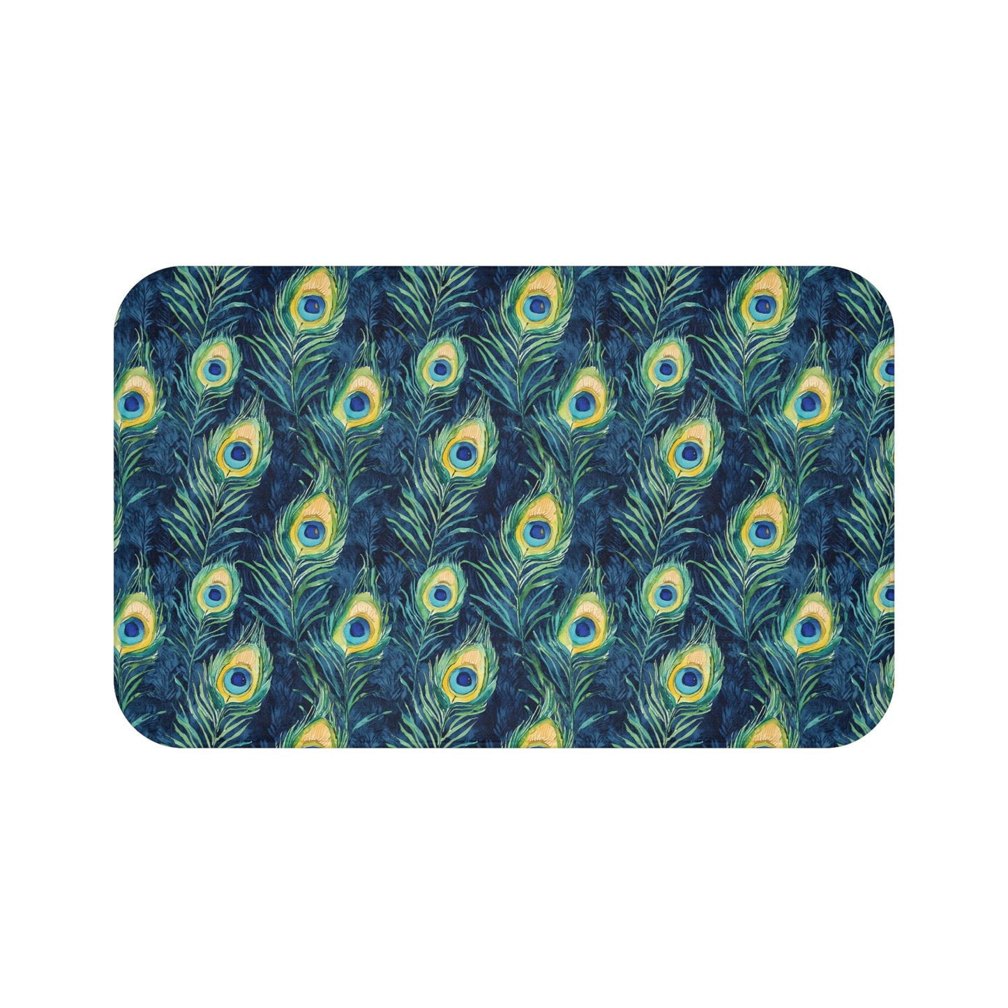 Bath Mat - Elegant Peacock Feathers In Navy, Aqua And Gold