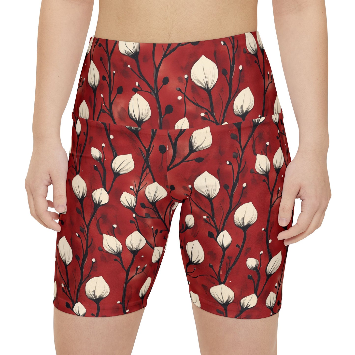 Athletic Shorts - White Puff Flowers On Red Wine Background