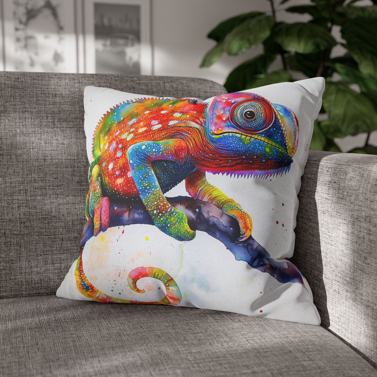 Square Pillow Cover – Colorful Chameleon Watercolor