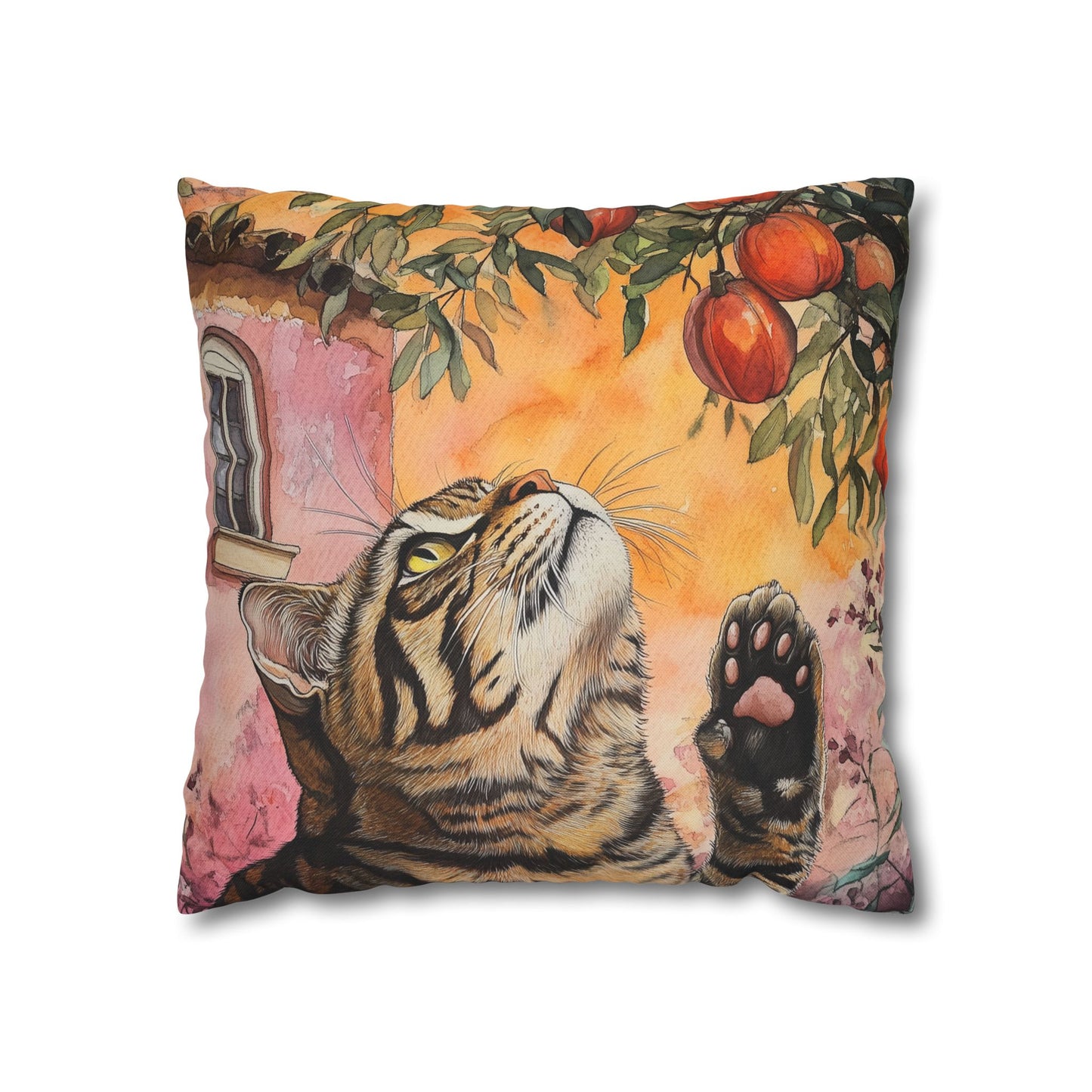 Square Pillow Cover – Pink House Tiger Cat And Persimmon Fruit